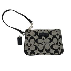 Coach Signature Canvas Top Zip Wristlet Wallet Pouch Black w Charm EUC